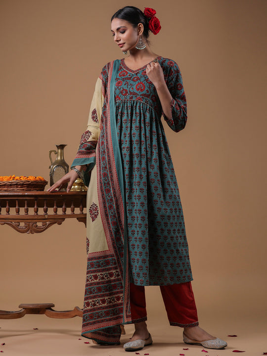 Indo Era Teal Printed A-Line Kurta Trousers With Dupatta Set