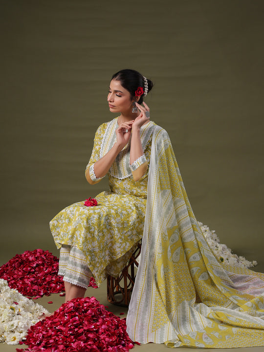 Indo Era Green Printed Straight Kurta Trousers With Dupatta Set