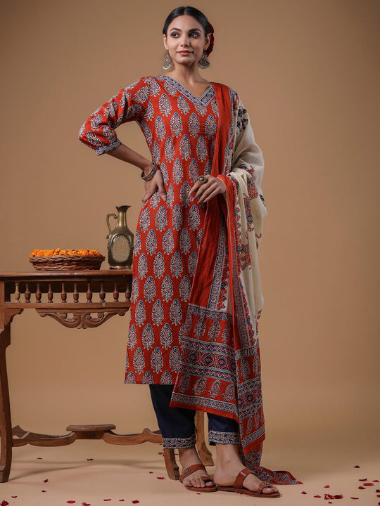 Indo Era Rust Printed Straight Kurta Trousers With Dupatta