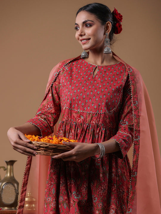 Indo Era Rust Printed A-Line Kurta Trousers With Dupatta Set