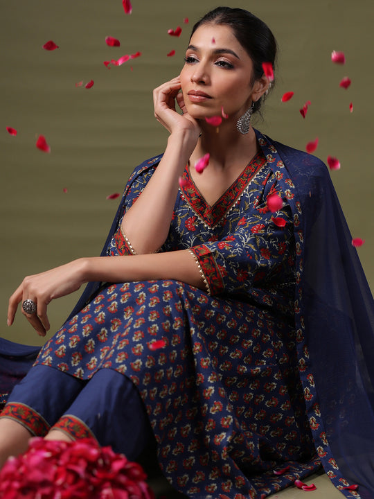 Indo Era Blue Printed A-Line Kurta Trousers With Dupatta Set
