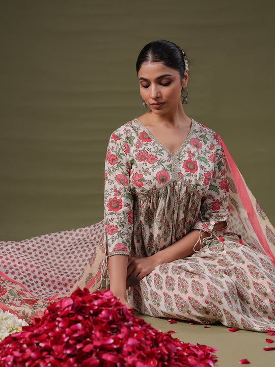 Indo Era Off White Printed A-Line Kurta Trousers With Dupatta Set