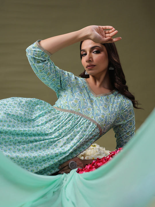 Indo Era Sea Green Printed A-Line Kurta Trousers With Dupatta Set