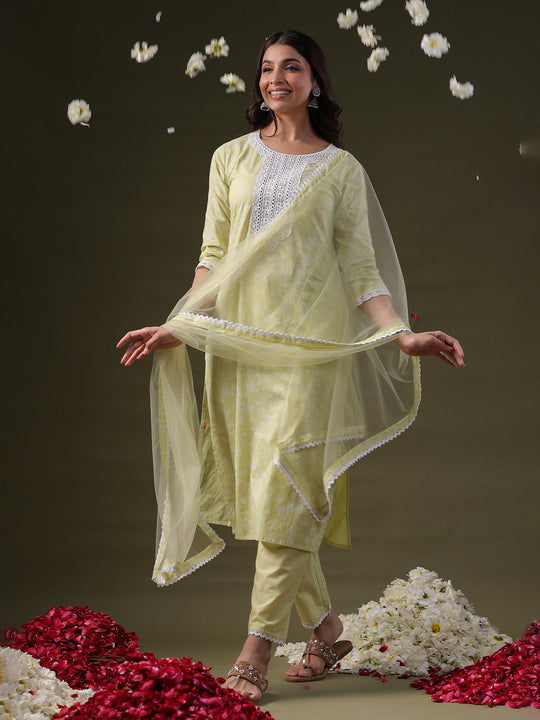 Indo Era Green Embroidered Straight Kurta Trousers With Dupatta Set