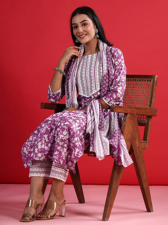 Indo Era Lavender Printed Straight Kurta Trousers With Dupatta Set