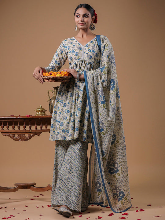Indo Era Beige Printed A-Line Kurta Sharara With Dupatta set
