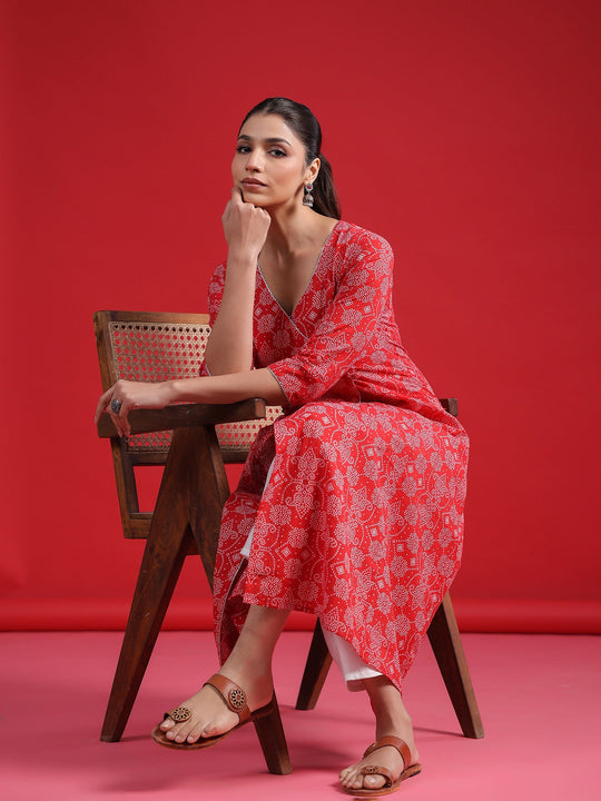 Indo Era Red Printed A-Line Kurtas