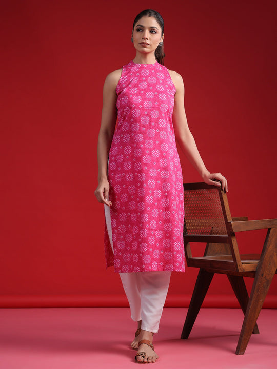 Pink Printed Straight No Sleeves Cotton Kurta