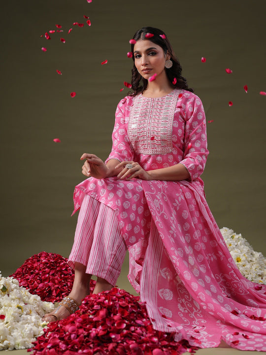 Indo Era Pink Printed Straight Kurta Trousers With Dupatta Set