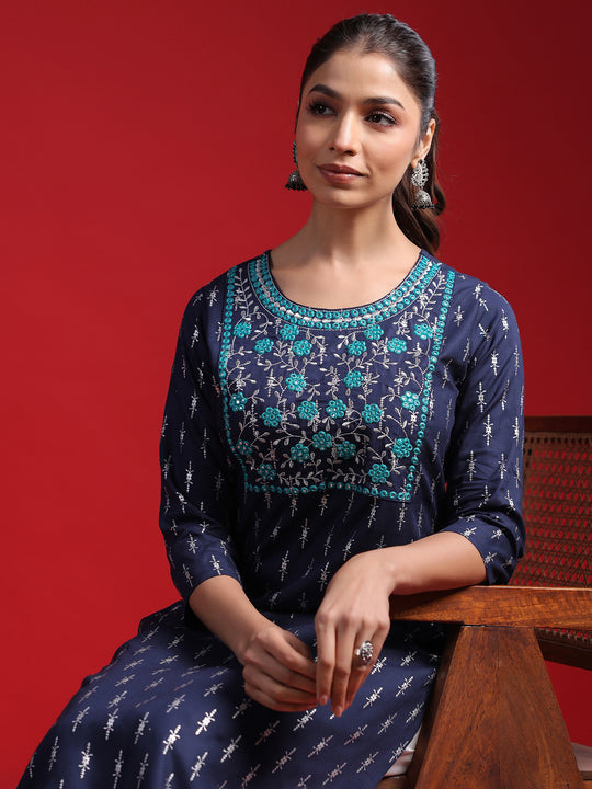 Indo Era Blue Ethnic Motifs Embroidered Mirror Work Kurta