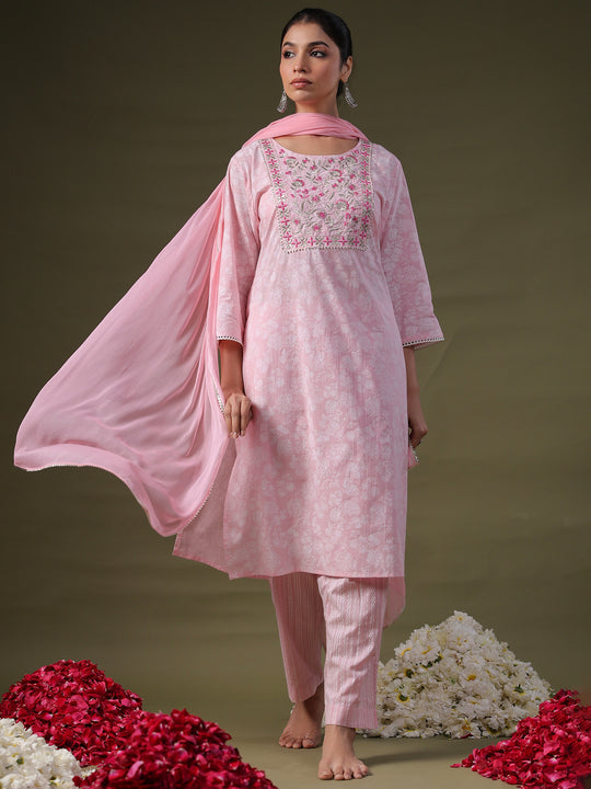 Indo Era Pink Embroidered Straight Kurta Trousers With Dupatta Set