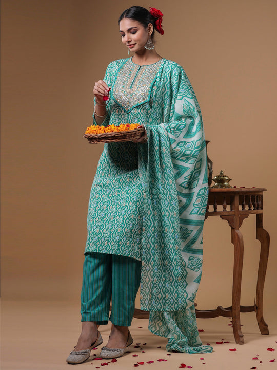 Indo Era Green Embroidered Straight Kurta Trousers With Dupatta Set