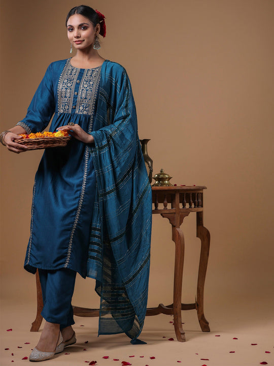 Indo Era Teal Embroidered Straight Kurta Trousers With Dupatta Set
