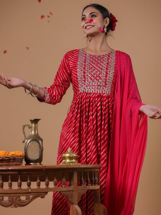 Indo Era Pink Embroidered A-Line Kurta Trousers With Dupatta Set