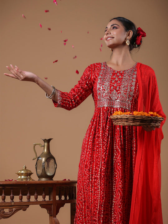 Indo Era Red Embroidered A-Line Kurta Trousers With Dupatta Set