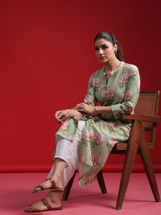 Indo Era Green Printed A-Line Kurtas