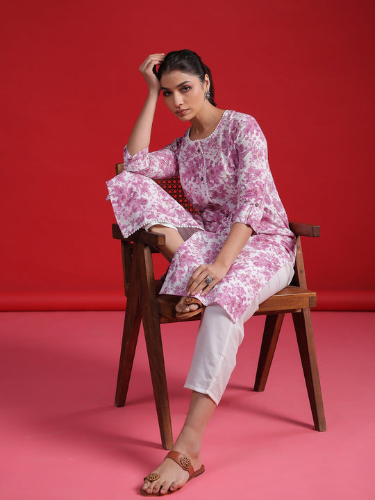 Indo Era Lavender Printed A-Line Kurtas