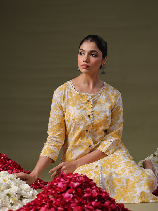 Indo Era Yellow Printed A-Line Kurtas
