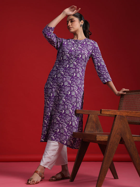 Indo Era Purple Printed Straight Kurtas