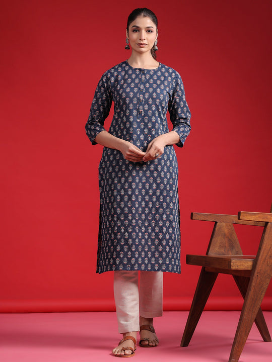 Indo Era Blue Printed Straight Kurtas
