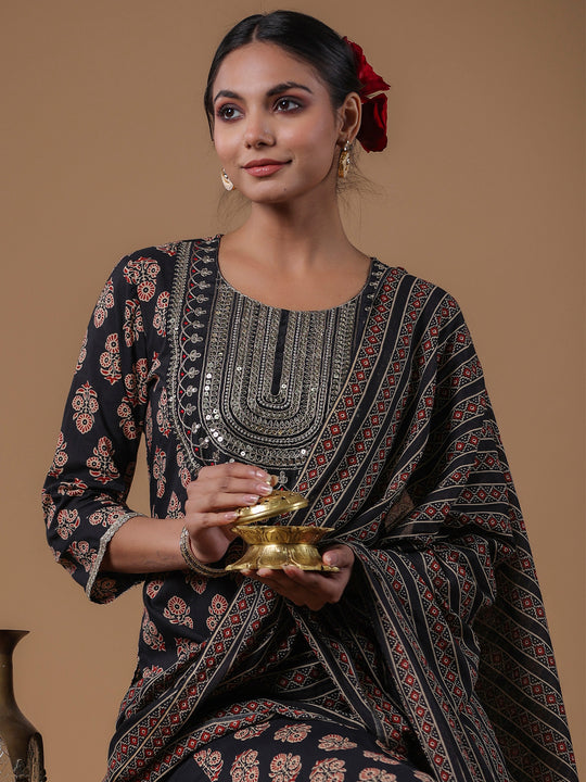 Indo Era Black Embroidered Straight Kurta Trousers With Dupatta Set
