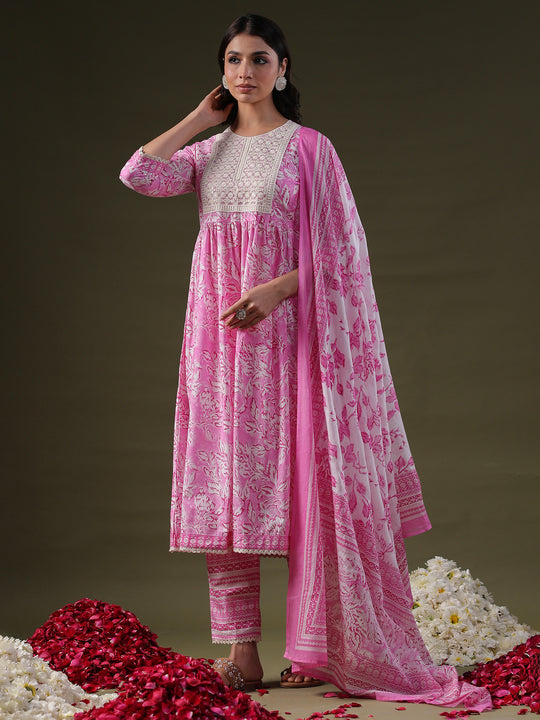 Indo Era Pink Embroidered A-Line Kurta Trousers With Dupatta Set
