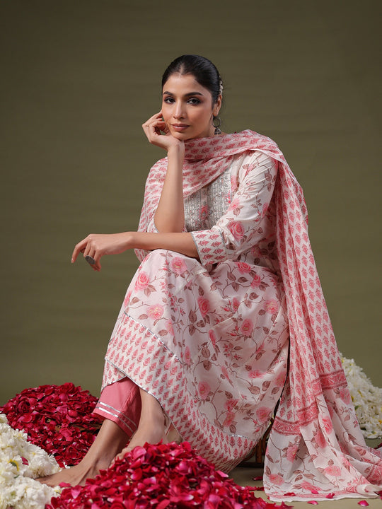 Indo Era Off White Embroidered A-Line Kurta Trousers With Dupatta Set