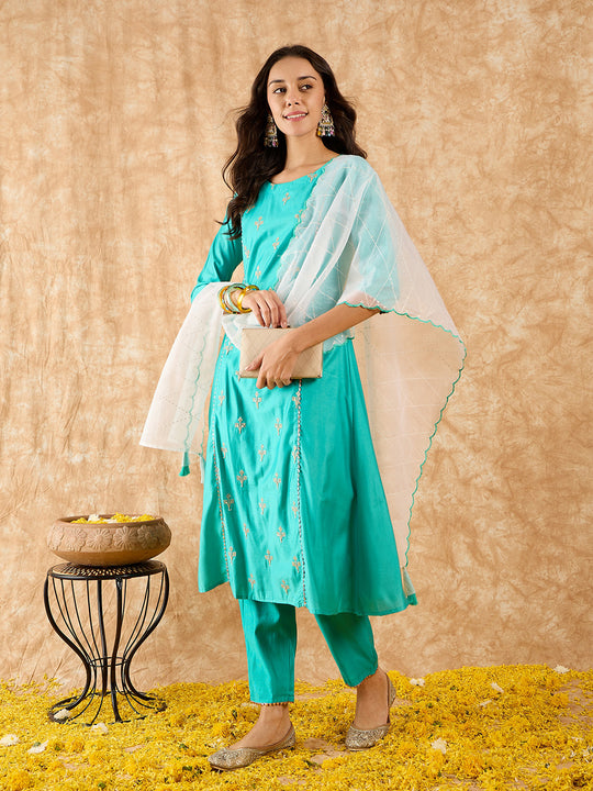 Indo Era Sea Green Embroidered A-line Kurta Trouser With Dupatta Set