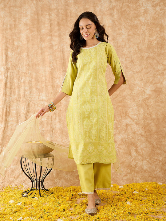 Indo Era Sea Green Printed Straight Kurta Trouser With Dupatta Set