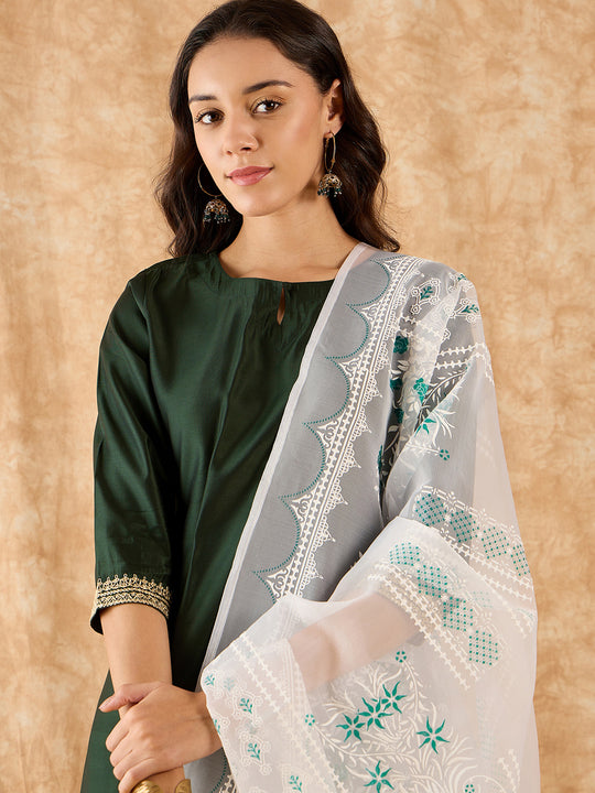 Indo Era Green Solid Straight Kurta Palazzo With Dupatta Set