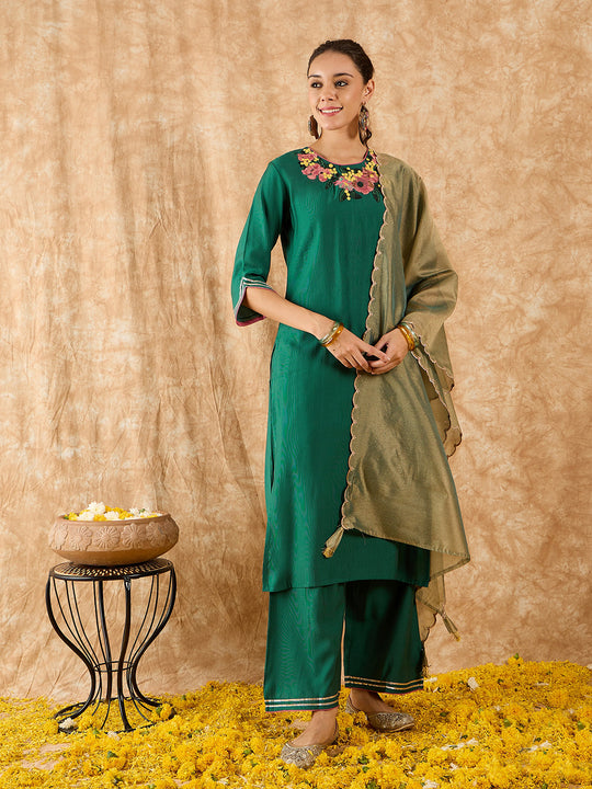 Indo Era Teal Embroidered Straight Kurta Palazzo with Dupatta Set