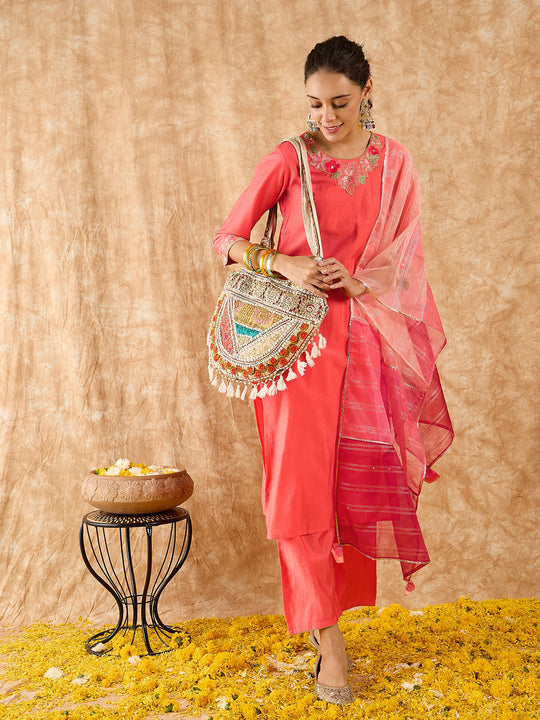Indo Era Pink Embroidered Straight Kurta Palazzo With Dupatta Set