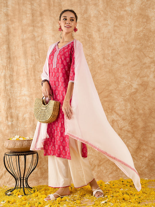 Indo Era Red Printed Straight Kurta Palazzo With Dupatta Set