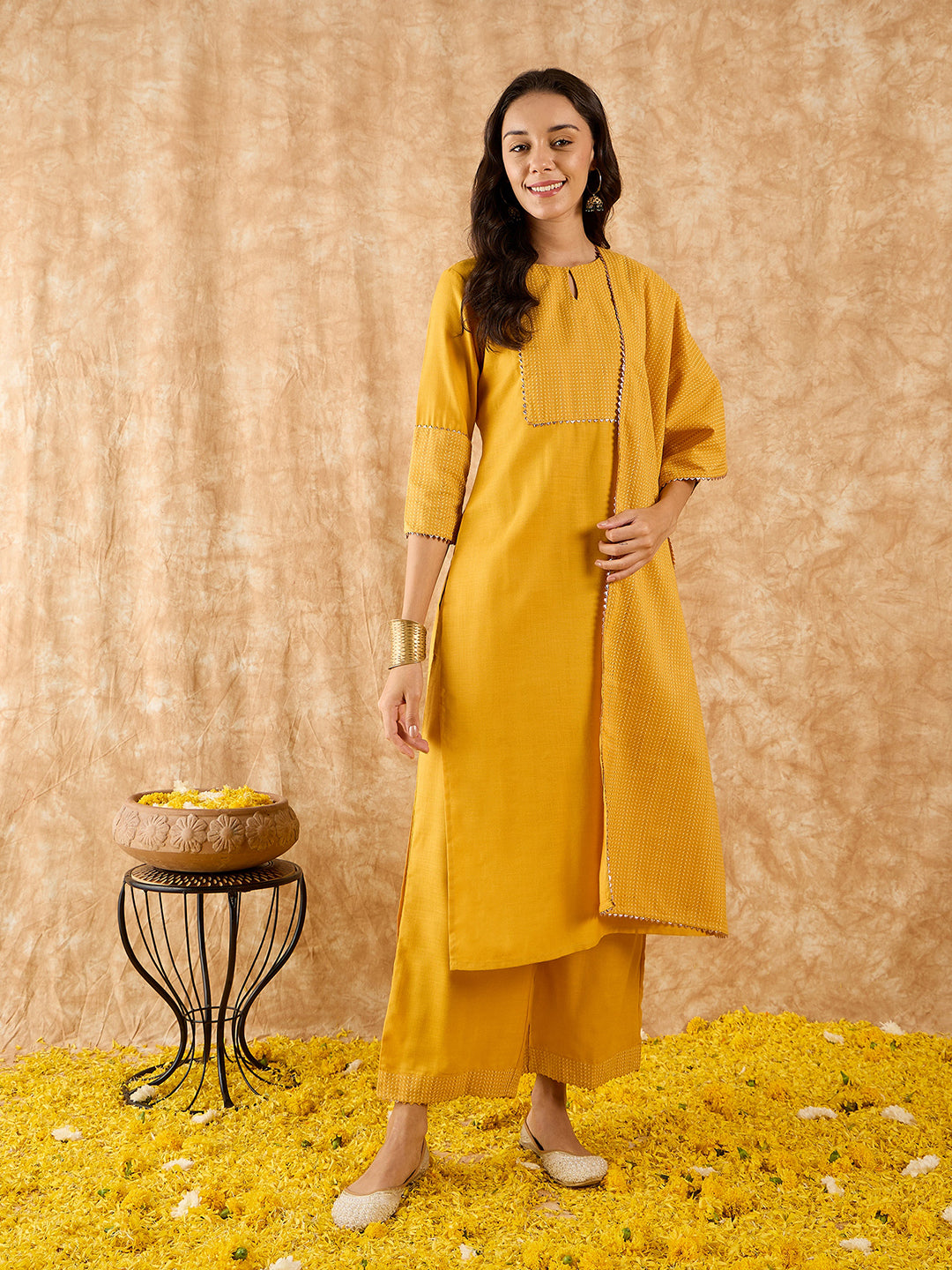 Yellow Kurta Sets  For women,indo era, indoera, kurta set for women, women kurta set, women suit, summer wear for women, festive suit for women, mother's day outfit, dress for mother, mother's day special, kurta set for women, kurta for women, kurta trouser and dupatta
