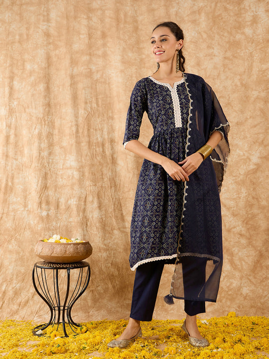 Indo Era Navy Blue Printed A-line Kurta Palazzo With Dupatta Set