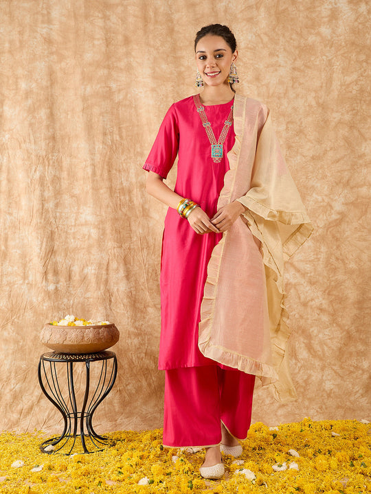 Indo Era Pink Embroidered Straight Kurta Palazzo With Dupatta Set