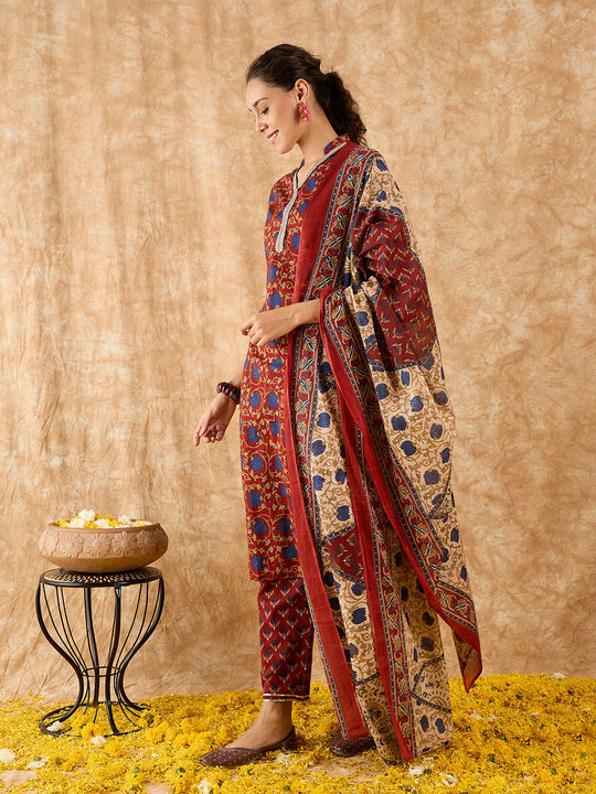 Red Printed Straight Kurta Palazzos With Dupatta