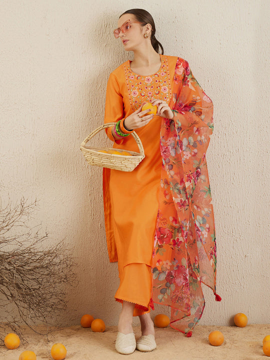 Indo Era Orange Embroidered Straight Kurta Trousers With Dupatta Set