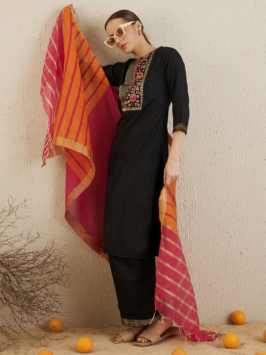 Indo Era Black Yoke Design Straight Kurta Palazzos With Dupatta Set