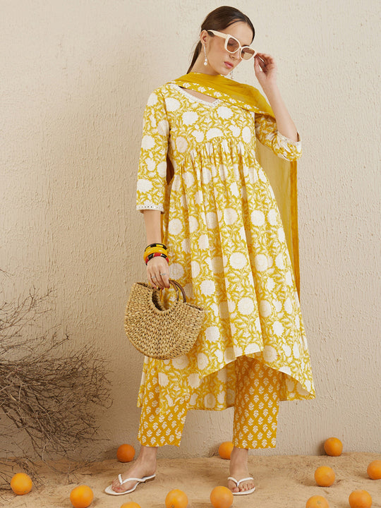 Indo Era Yellow Printed A-Line Kurta Trousers With Dupatta set
