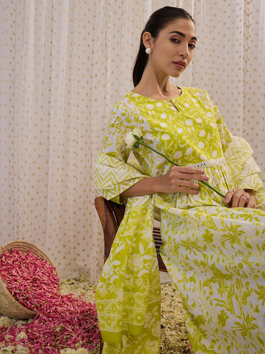 Indo Era Green Printed A-Line Kurta Trousers With Dupatta set