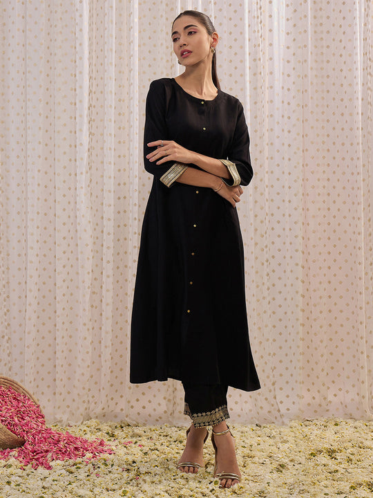 Indo Era Black Embroidered A-Line Kurtas