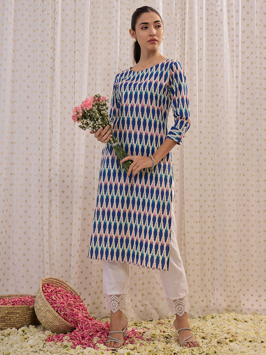 Indo Era White Printed Straight Kurtas