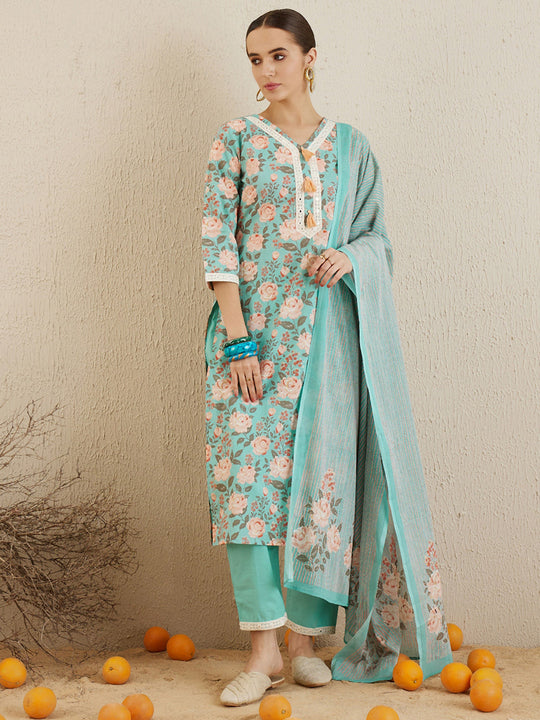 Indo Era Blue Printed Straight Kurta Trousers With Dupatta set
