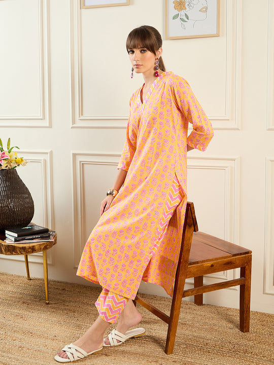 Indo Era Orange Printed Straight Kurta Trousers With Dupatta set