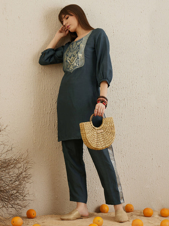 Indo Era Grey Yoke Design Straight Kurta Trousers set