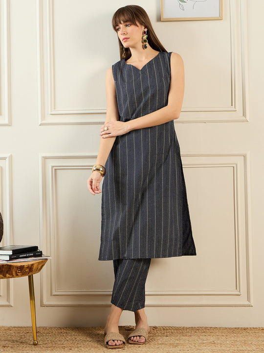 Indo Era Navy Blue Printed Straight Kurta Trousers set