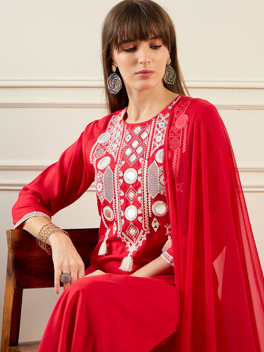 Indo Era Pink Embroidered Straight Kurta Trousers With Dupatta set