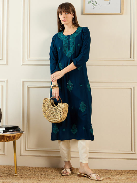 Indo Era Teal Embroidered Straight Kurtas