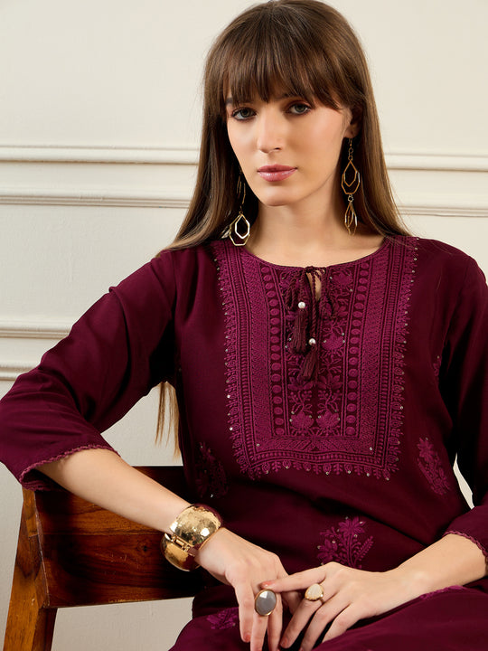 Indo Era Burgundy Embroidered Straight Kurtas